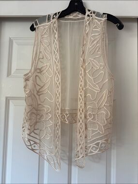 Embroidered silk Sheer Open Front Vest - Cream
